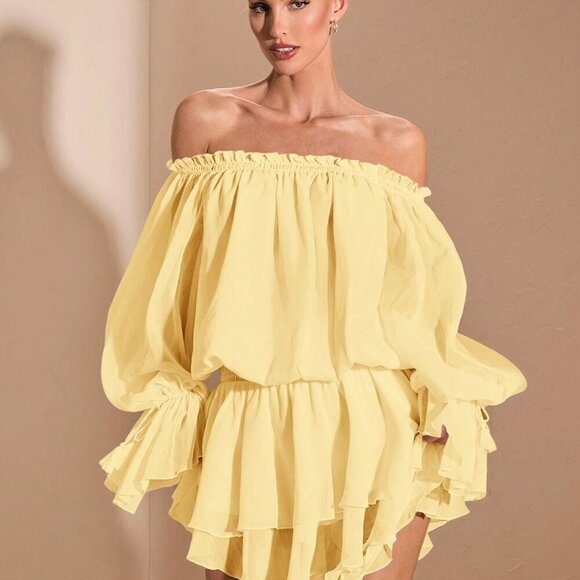 Yellow Boho Women's Elegant French Style Off Shoulder Long Sleeve Shirt Dress - Picture 6 of 9